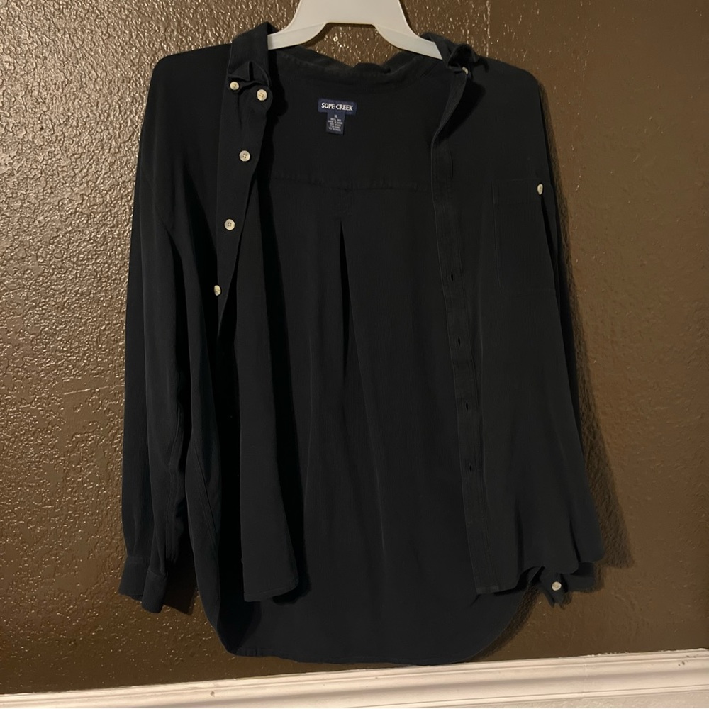 Black 100% Silk Sope Creek Button Down Long Sleeve Business / Suit Shirt,Size XL